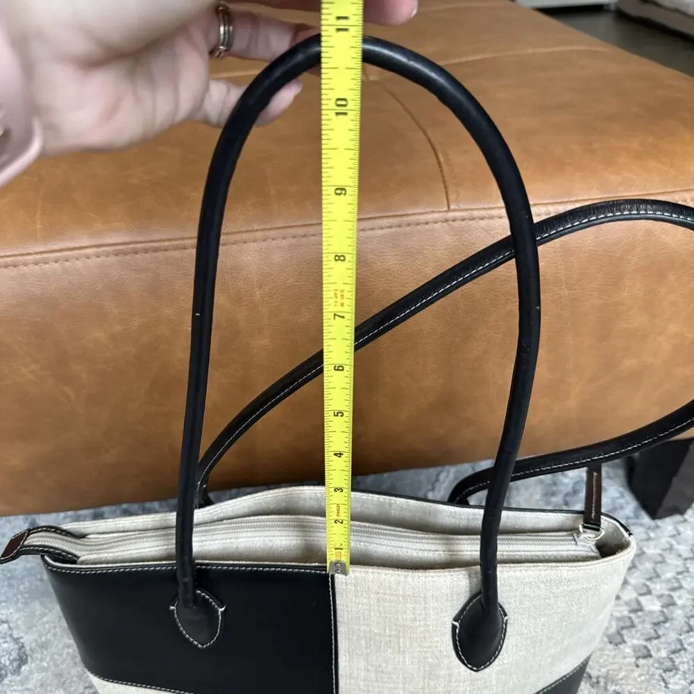 Vtg Y2K Etienne Aigner Southport Linen Satchel Bag Black Leather Panel Purse